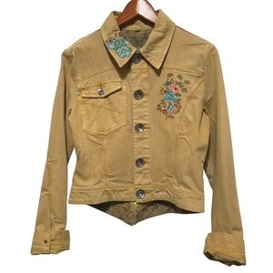 Contemporary Denim‎ Juniors Jacket M Tan Floral Embroidered Boho Western Cowgirl